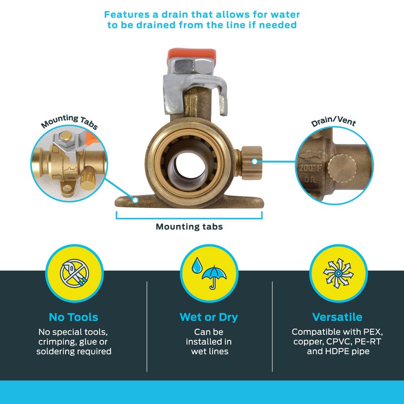 SharkBite 1/2 Inch Ball Valve With Drain Vent And Mounting Bracket, Push To Connect Brass Plumbing Fitting, PEX Pipe, Copper, CPVC, PE-RT, HDPE, 24615-0000LFA - Image 3